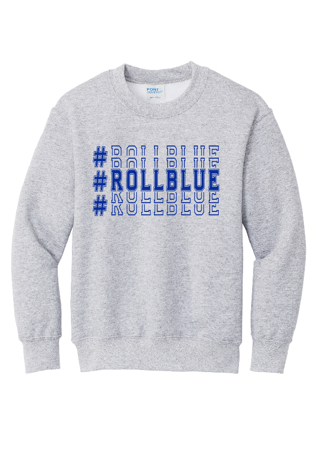 Crew Sweatshirt Youth - Stacked #RollBlue Blue Logo - 90Y