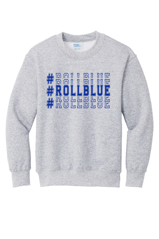 Crew Sweatshirt Youth - Stacked #RollBlue Blue Logo - 90Y