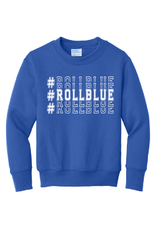 Crew Sweatshirt Youth - Stacked #RollBlue White Logo - 90Y
